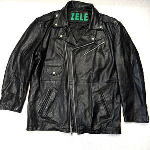 Zele Genuine Leather Biker Jacket Men's Black Asymmetric Zip Moto Retro - Large